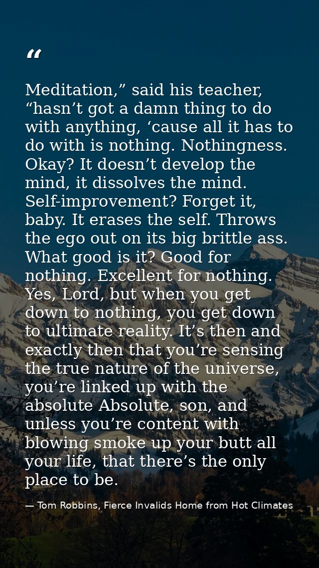Meditation,” said his teacher, “hasn’t got a damn thing to do with anything, ‘cause all it has to do with is nothing. No — Tom Robbins, Fierce Invalids Home from Hot Climates