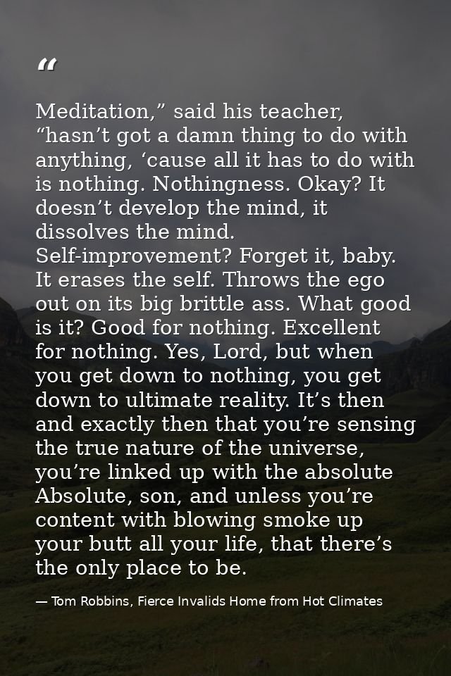 Meditation,” said his teacher, “hasn’t got a damn thing to do with anything, ‘cause all it has to do with is nothing. No — Tom Robbins, Fierce Invalids Home from Hot Climates