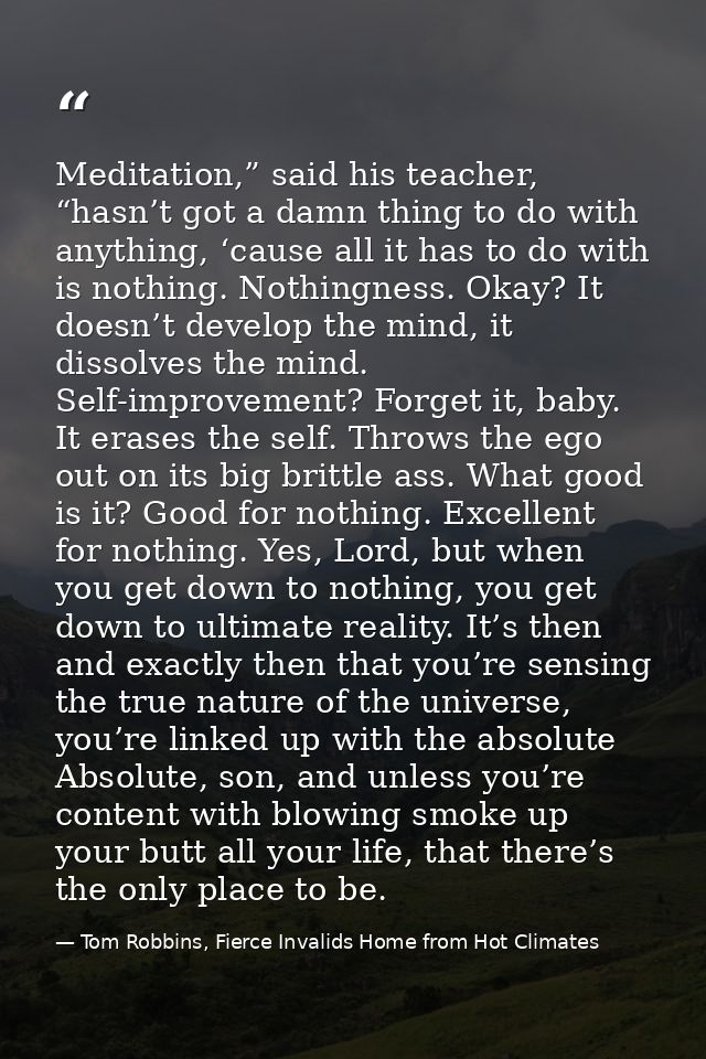 Meditation,” said his teacher, “hasn’t got a damn thing to do with anything, ‘cause all it has to do with is nothing. No — Tom Robbins, Fierce Invalids Home from Hot Climates