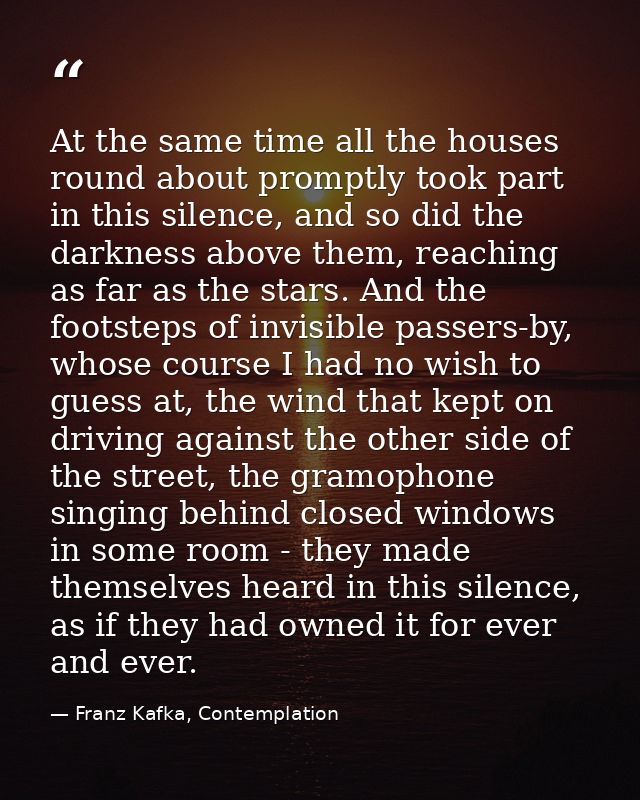 At the same time all the houses round about promptly took part in this silence, and so did the darkness above them, reac — Franz Kafka, Contemplation