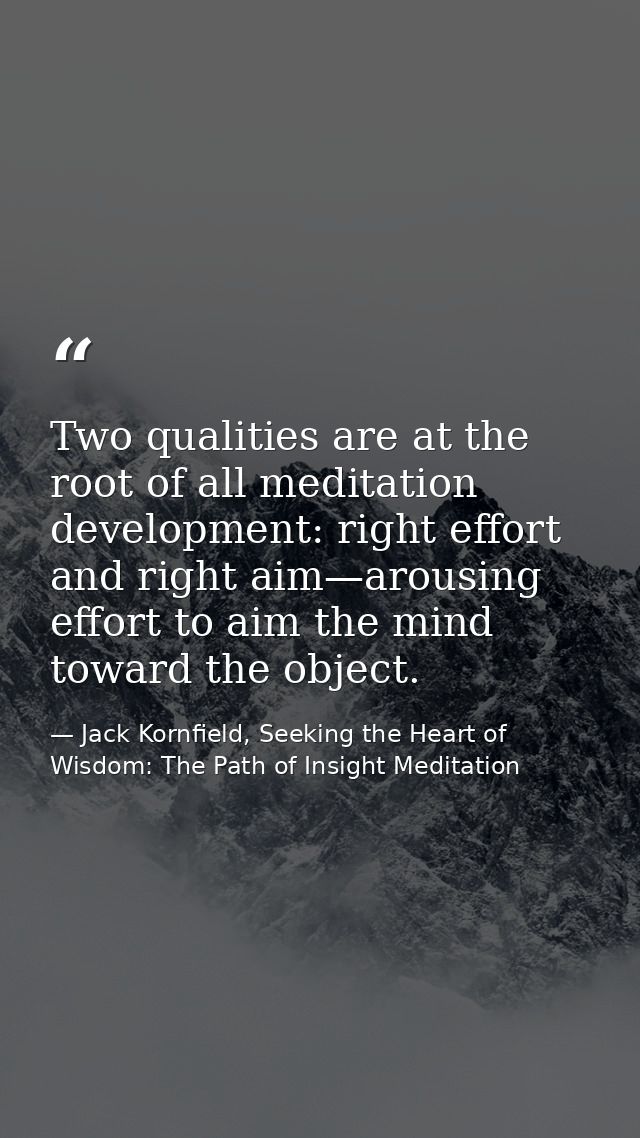 Two qualities are at the root of all meditation development: right effort and right aim—arousing effort to aim the mind  — Jack Kornfield, Seeking the Heart of Wisdom: The Path of Insight Meditation