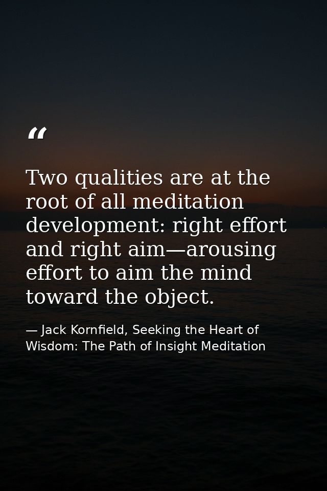 Two qualities are at the root of all meditation development: right effort and right aim—arousing effort to aim the mind  — Jack Kornfield, Seeking the Heart of Wisdom: The Path of Insight Meditation
