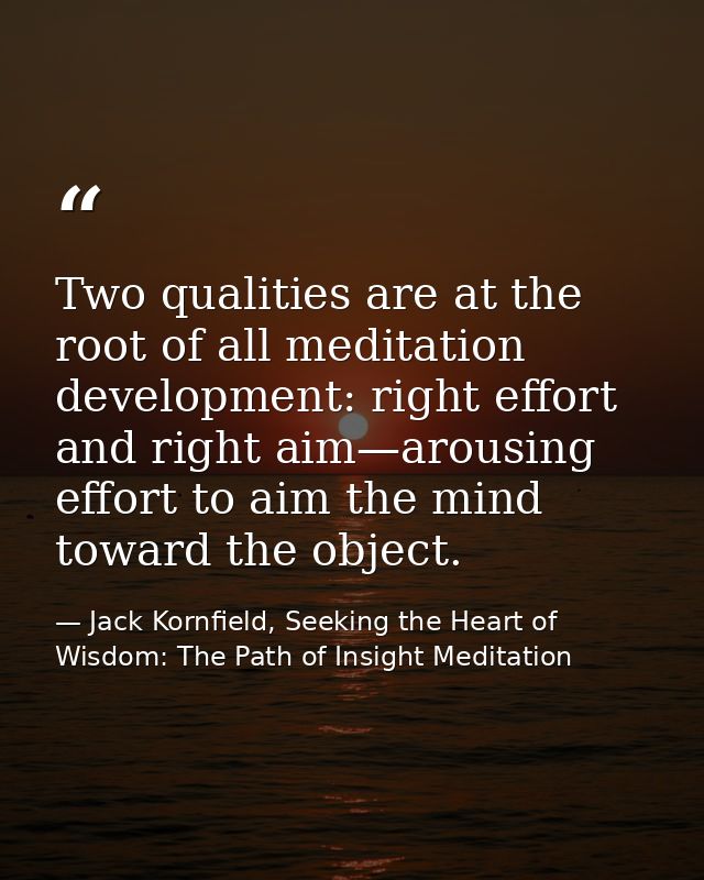 Two qualities are at the root of all meditation development: right effort and right aim—arousing effort to aim the mind  — Jack Kornfield, Seeking the Heart of Wisdom: The Path of Insight Meditation