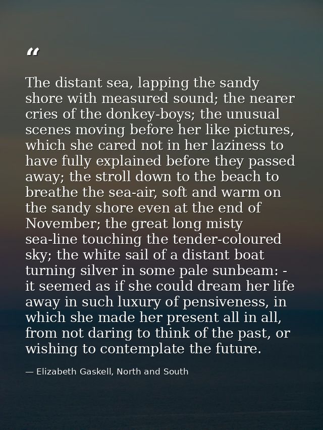 The distant sea, lapping the sandy shore with measured sound; the nearer cries of the donkey-boys; the unusual scenes mo — Elizabeth Gaskell, North and South