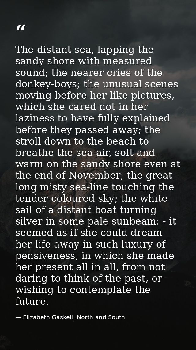 The distant sea, lapping the sandy shore with measured sound; the nearer cries of the donkey-boys; the unusual scenes mo — Elizabeth Gaskell, North and South