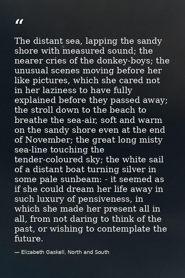 The distant sea, lapping the sandy shore with measured sound; the nearer cries of the donkey-boys; the unusual scenes mo — Elizabeth Gaskell, North and South