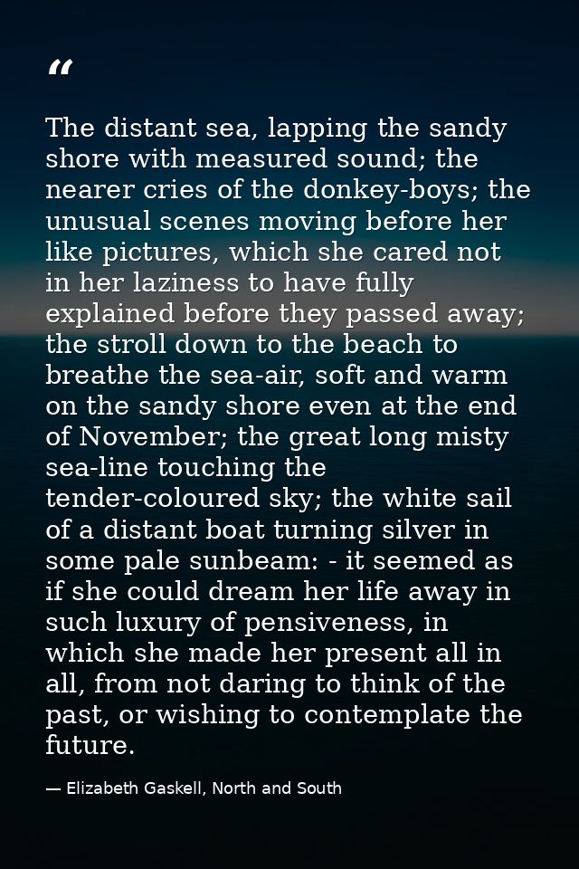 The distant sea, lapping the sandy shore with measured sound; the nearer cries of the donkey-boys; the unusual scenes mo — Elizabeth Gaskell, North and South
