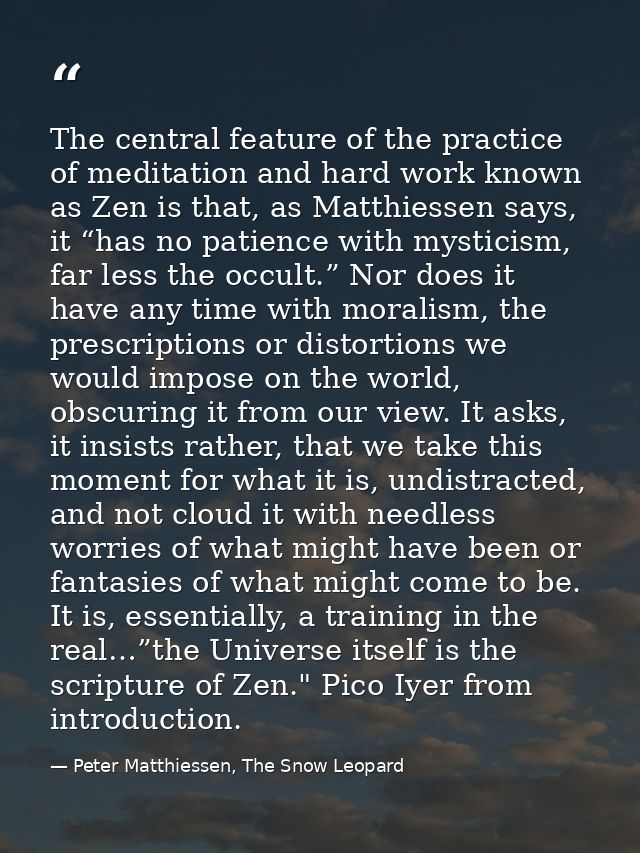 The central feature of the practice of meditation and hard work known as Zen is that, as Matthiessen says, it “has no pa — Peter Matthiessen, The Snow Leopard