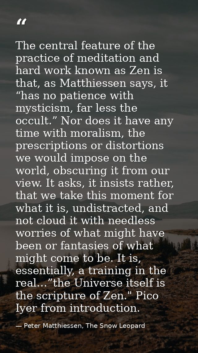 The central feature of the practice of meditation and hard work known as Zen is that, as Matthiessen says, it “has no pa — Peter Matthiessen, The Snow Leopard