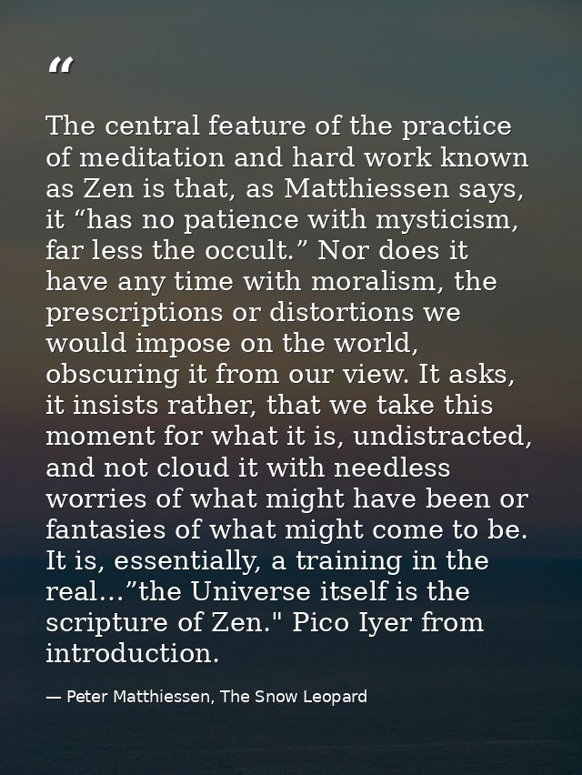 The central feature of the practice of meditation and hard work known as Zen is that, as Matthiessen says, it “has no pa — Peter Matthiessen, The Snow Leopard