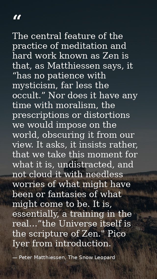 The central feature of the practice of meditation and hard work known as Zen is that, as Matthiessen says, it “has no pa — Peter Matthiessen, The Snow Leopard