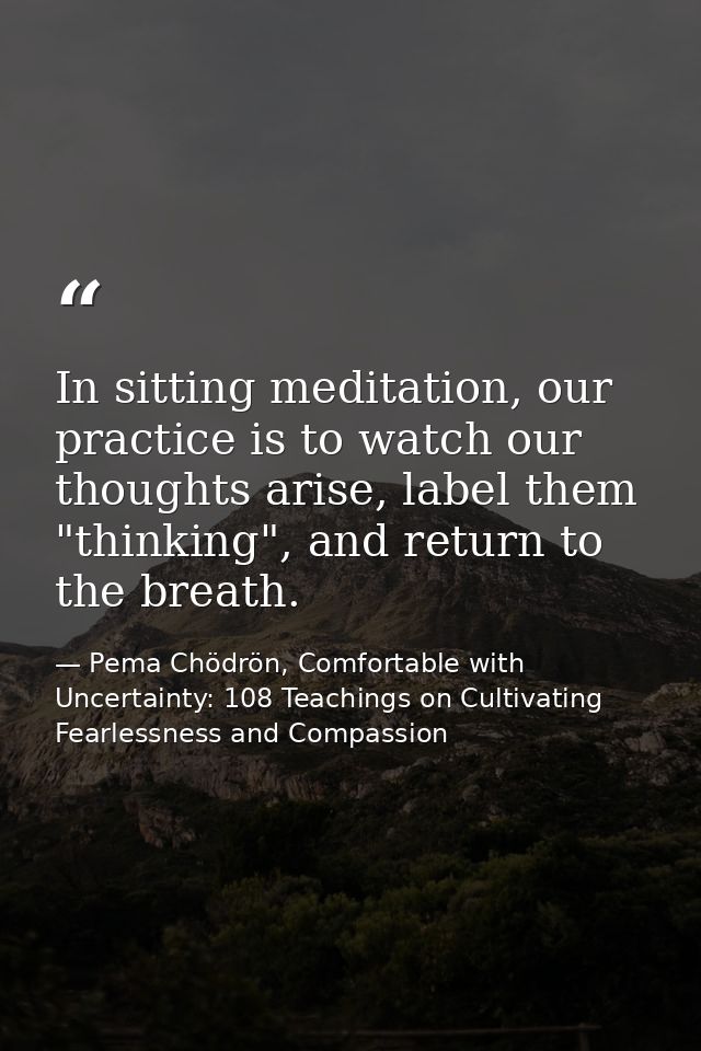 In sitting meditation, our practice is to watch our thoughts arise, label them "thinking", and return to the breath. — Pema Chödrön, Comfortable with Uncertainty: 108 Teachings on Cultivating Fearlessness and Compassion