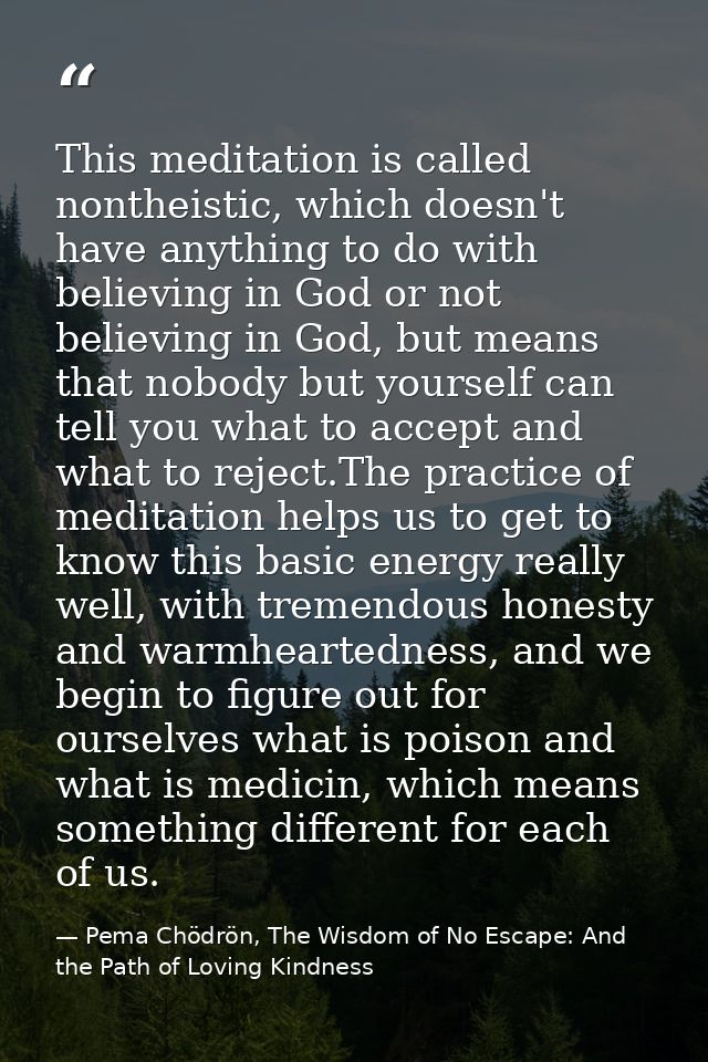This meditation is called nontheistic, which doesn't have anything to do with believing in God or not believing in God,  — Pema Chödrön, The Wisdom of No Escape: And the Path of Loving Kindness