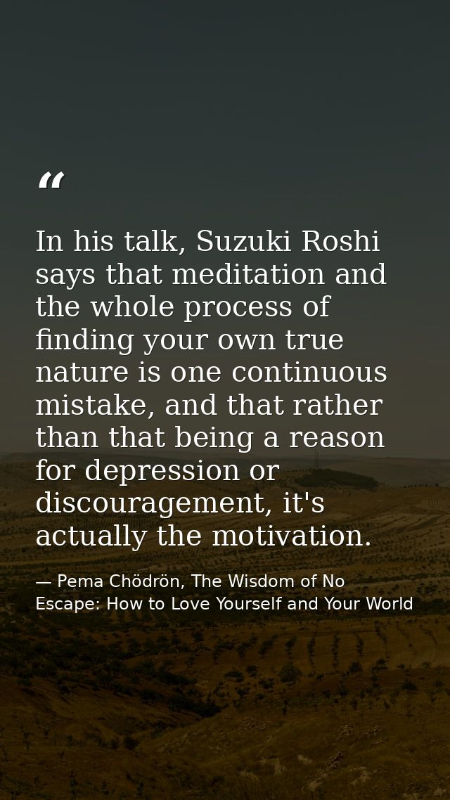 In his talk, Suzuki Roshi says that meditation and the whole process of finding your own true nature is one continuous m — Pema Chödrön, The Wisdom of No Escape: How to Love Yourself and Your World