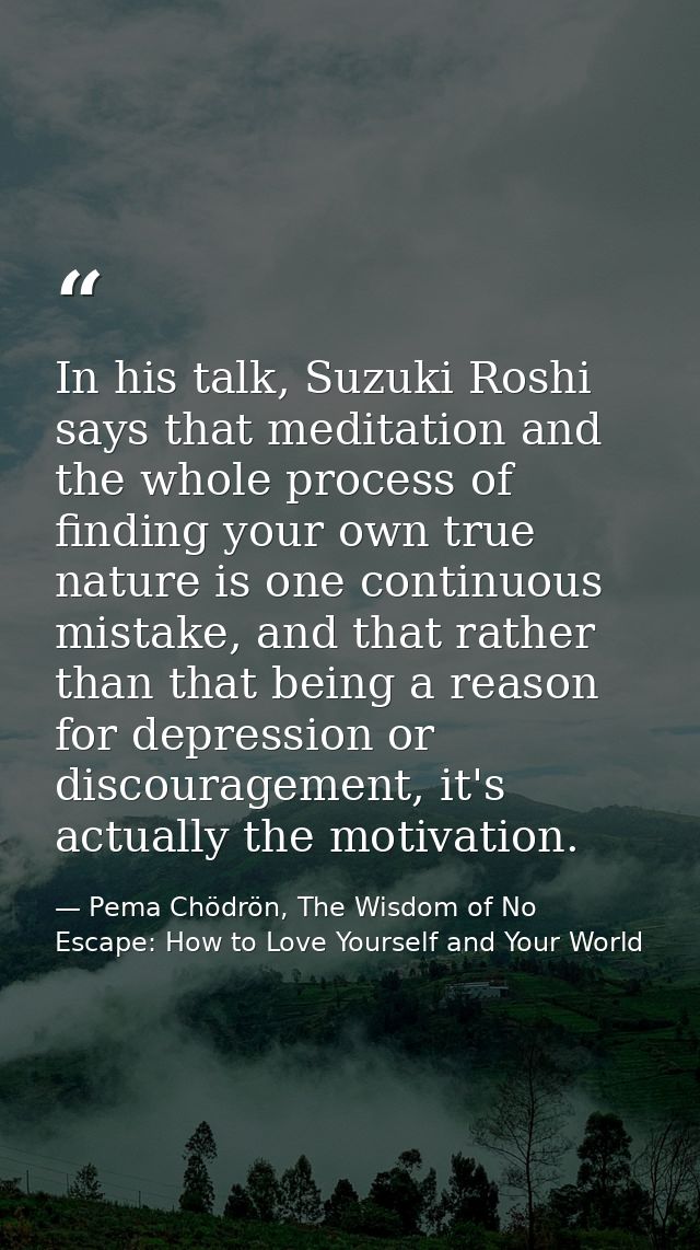 In his talk, Suzuki Roshi says that meditation and the whole process of finding your own true nature is one continuous m — Pema Chödrön, The Wisdom of No Escape: How to Love Yourself and Your World