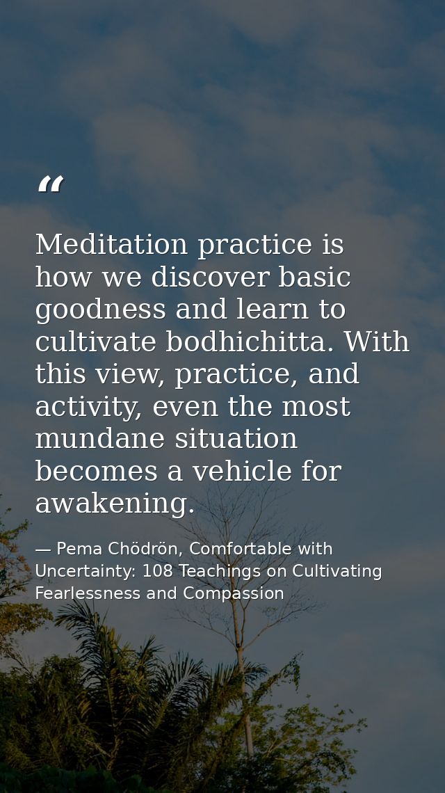 Meditation practice is how we discover basic goodness and learn to cultivate bodhichitta. With this view, practice, and  — Pema Chödrön, Comfortable with Uncertainty: 108 Teachings on Cultivating Fearlessness and Compassion