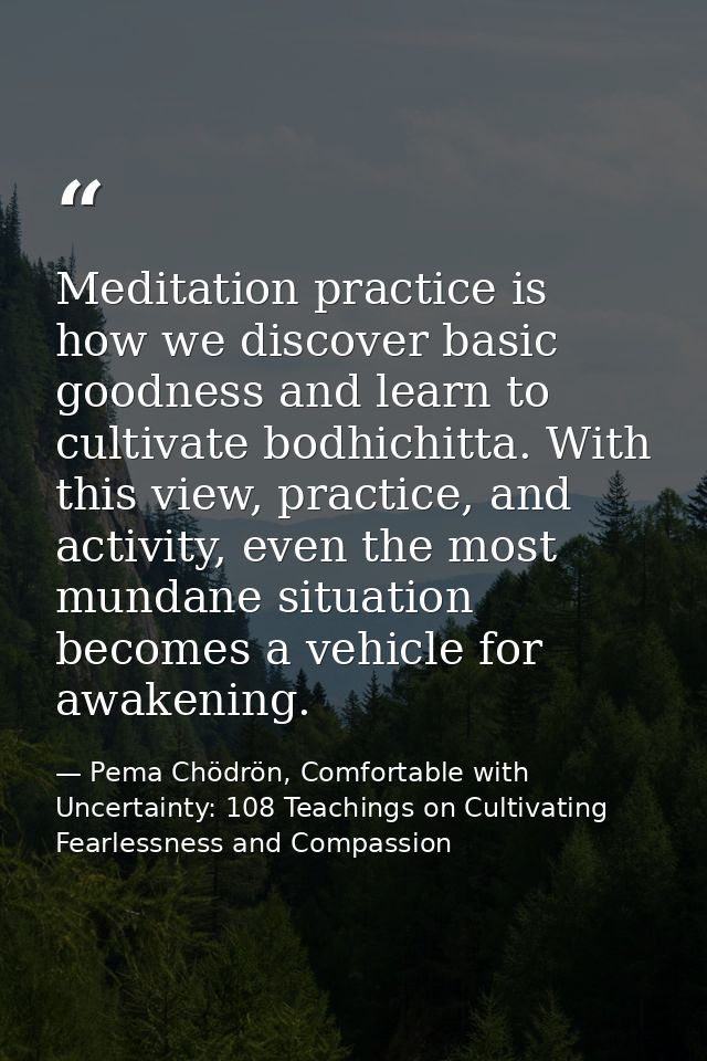 Meditation practice is how we discover basic goodness and learn to cultivate bodhichitta. With this view, practice, and  — Pema Chödrön, Comfortable with Uncertainty: 108 Teachings on Cultivating Fearlessness and Compassion