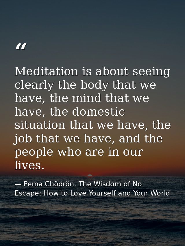 Meditation is about seeing clearly the body that we have, the mind that we have, the domestic situation that we have, th — Pema Chödrön, The Wisdom of No Escape: How to Love Yourself and Your World