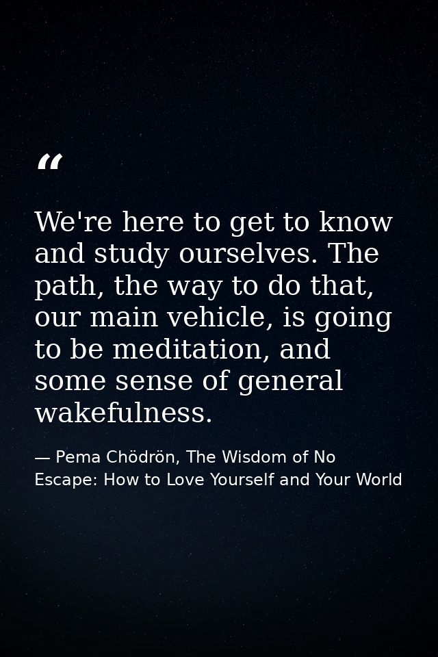 We're here to get to know and study ourselves. The path, the way to do that, our main vehicle, is going to be meditation — Pema Chödrön, The Wisdom of No Escape: How to Love Yourself and Your World