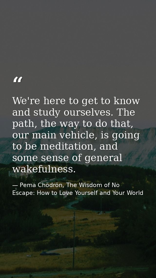 We're here to get to know and study ourselves. The path, the way to do that, our main vehicle, is going to be meditation — Pema Chödrön, The Wisdom of No Escape: How to Love Yourself and Your World