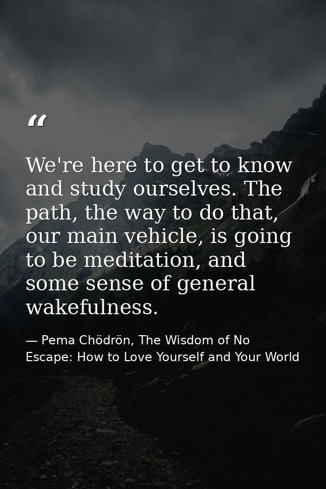 We're here to get to know and study ourselves. The path, the way to do that, our main vehicle, is going to be meditation — Pema Chödrön, The Wisdom of No Escape: How to Love Yourself and Your World