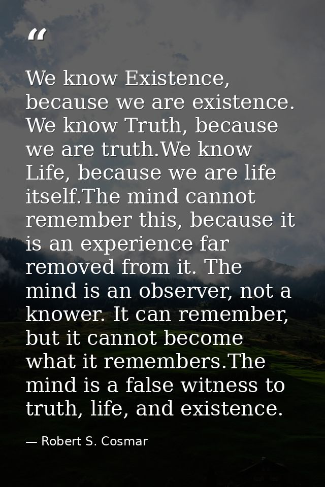 We know Existence, because we are existence. We know Truth, because we are truth.We know Life, because we are life itsel — Robert S. Cosmar