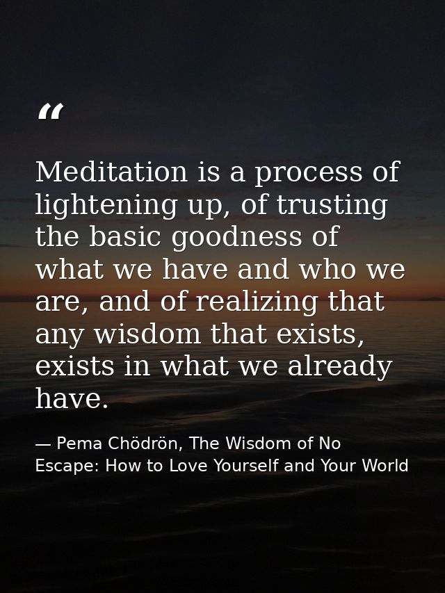 Meditation is a process of lightening up, of trusting the basic goodness of what we have and who we are, and of realizin — Pema Chödrön, The Wisdom of No Escape: How to Love Yourself and Your World