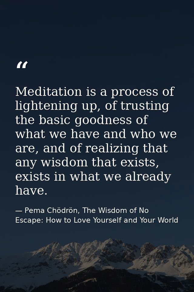 Meditation is a process of lightening up, of trusting the basic goodness of what we have and who we are, and of realizin — Pema Chödrön, The Wisdom of No Escape: How to Love Yourself and Your World