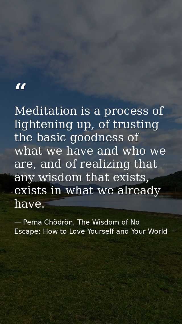 Meditation is a process of lightening up, of trusting the basic goodness of what we have and who we are, and of realizin — Pema Chödrön, The Wisdom of No Escape: How to Love Yourself and Your World