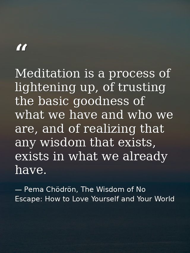 Meditation is a process of lightening up, of trusting the basic goodness of what we have and who we are, and of realizin — Pema Chödrön, The Wisdom of No Escape: How to Love Yourself and Your World