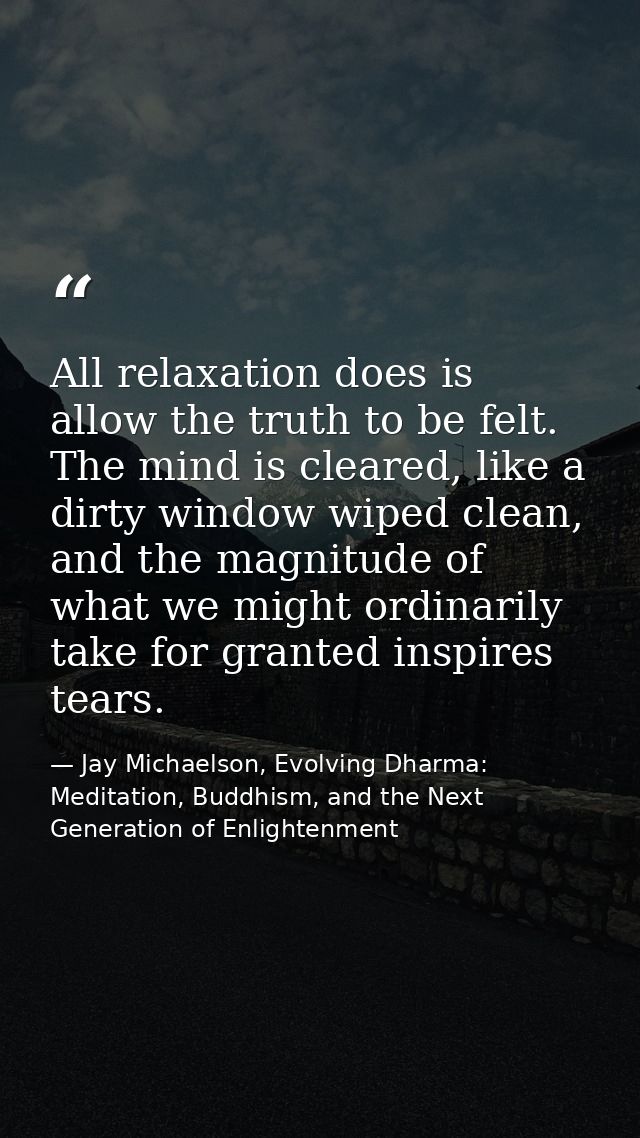 All relaxation does is allow the truth to be felt. The mind is cleared, like a dirty window wiped clean, and the magnitu — Jay Michaelson, Evolving Dharma: Meditation, Buddhism, and the Next Generation of Enlightenment