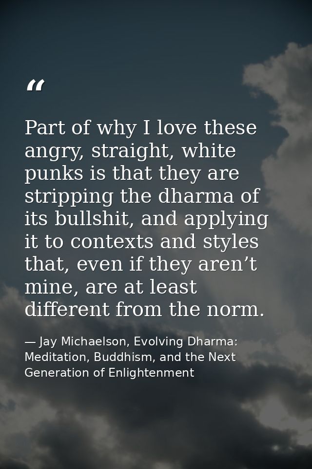 Part of why I love these angry, straight, white punks is that they are stripping the dharma of its bullshit, and applyin — Jay Michaelson, Evolving Dharma: Meditation, Buddhism, and the Next Generation of Enlightenment