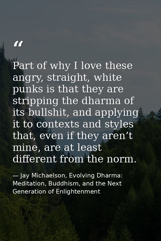 Part of why I love these angry, straight, white punks is that they are stripping the dharma of its bullshit, and applyin — Jay Michaelson, Evolving Dharma: Meditation, Buddhism, and the Next Generation of Enlightenment