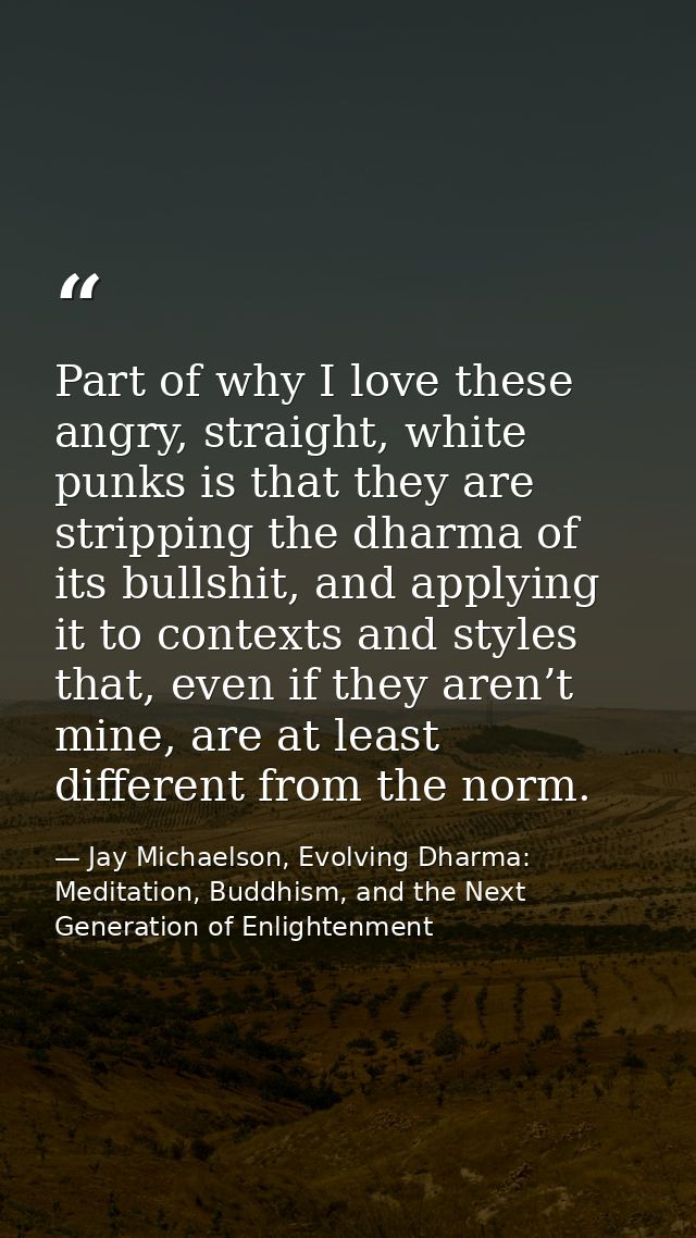 Part of why I love these angry, straight, white punks is that they are stripping the dharma of its bullshit, and applyin — Jay Michaelson, Evolving Dharma: Meditation, Buddhism, and the Next Generation of Enlightenment