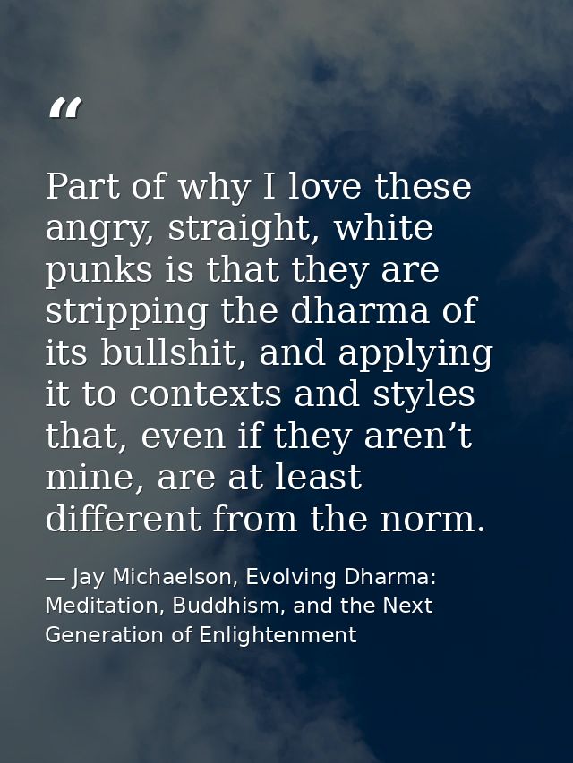 Part of why I love these angry, straight, white punks is that they are stripping the dharma of its bullshit, and applyin — Jay Michaelson, Evolving Dharma: Meditation, Buddhism, and the Next Generation of Enlightenment