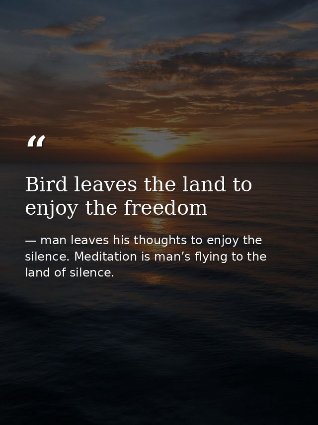 Bird leaves the land to enjoy the freedom — man leaves his thoughts to enjoy the silence. Meditation is man’s flying to the land of silence.