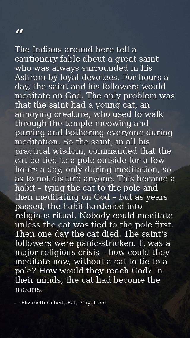 The Indians around here tell a cautionary fable about a great saint who was always surrounded in his Ashram by loyal dev — Elizabeth Gilbert, Eat, Pray, Love