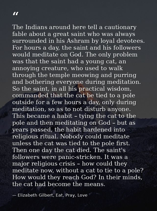 The Indians around here tell a cautionary fable about a great saint who was always surrounded in his Ashram by loyal dev — Elizabeth Gilbert, Eat, Pray, Love