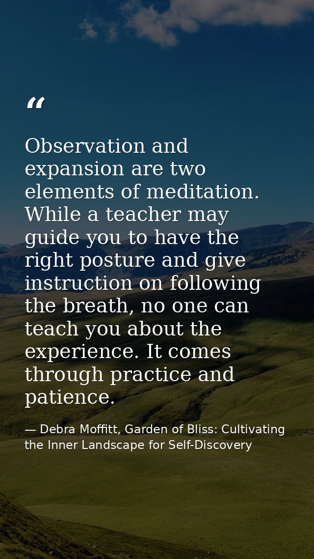 Observation and expansion are two elements of meditation. While a teacher may guide you to have the right posture and gi — Debra Moffitt, Garden of Bliss: Cultivating the Inner Landscape for Self-Discovery