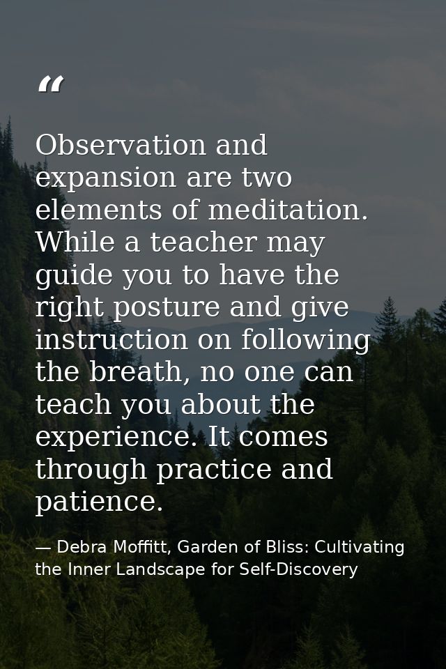 Observation and expansion are two elements of meditation. While a teacher may guide you to have the right posture and gi — Debra Moffitt, Garden of Bliss: Cultivating the Inner Landscape for Self-Discovery