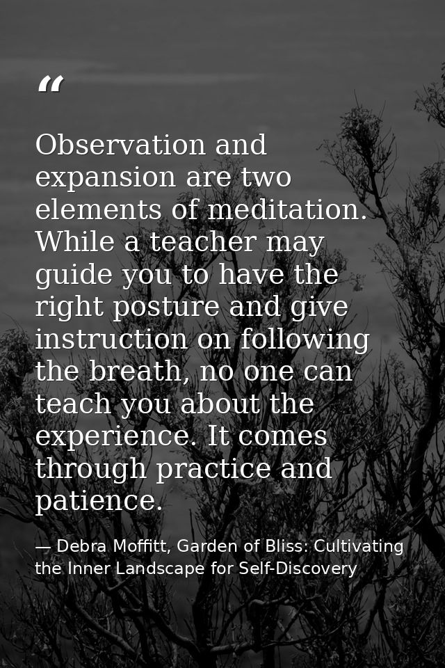 Observation and expansion are two elements of meditation. While a teacher may guide you to have the right posture and gi — Debra Moffitt, Garden of Bliss: Cultivating the Inner Landscape for Self-Discovery