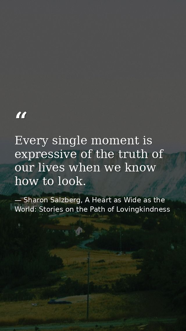 Every single moment is expressive of the truth of our lives when we know how to look. — Sharon Salzberg, A Heart as Wide as the World: Stories on the Path of Lovingkindness