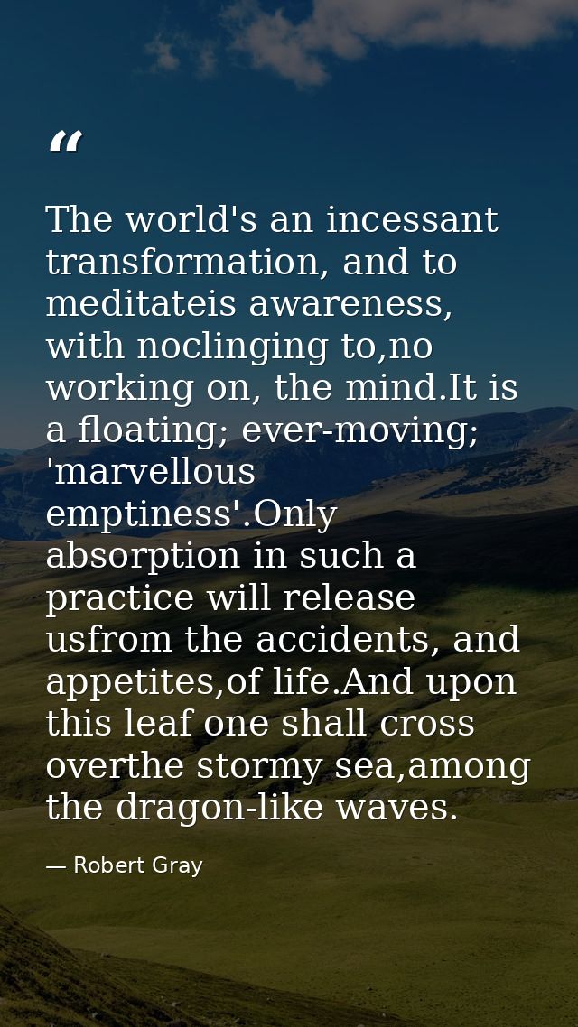 The world's an incessant transformation, and to meditateis awareness, with noclinging to,no working on, the mind.It is a — Robert Gray