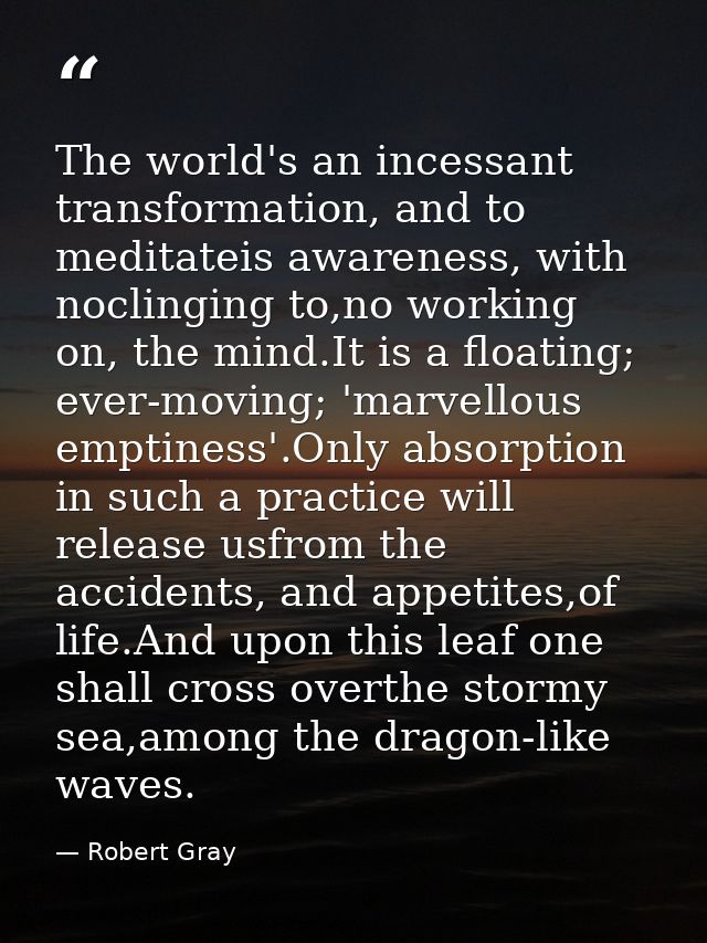 The world's an incessant transformation, and to meditateis awareness, with noclinging to,no working on, the mind.It is a — Robert Gray