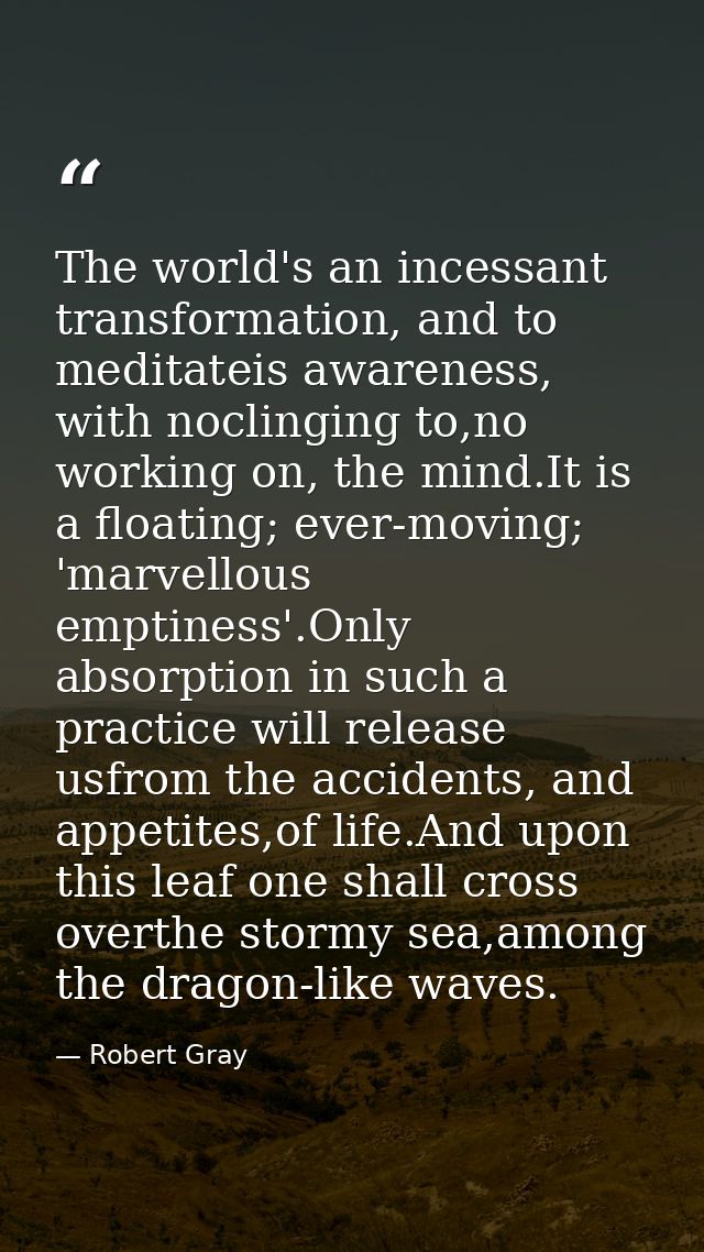 The world's an incessant transformation, and to meditateis awareness, with noclinging to,no working on, the mind.It is a — Robert Gray