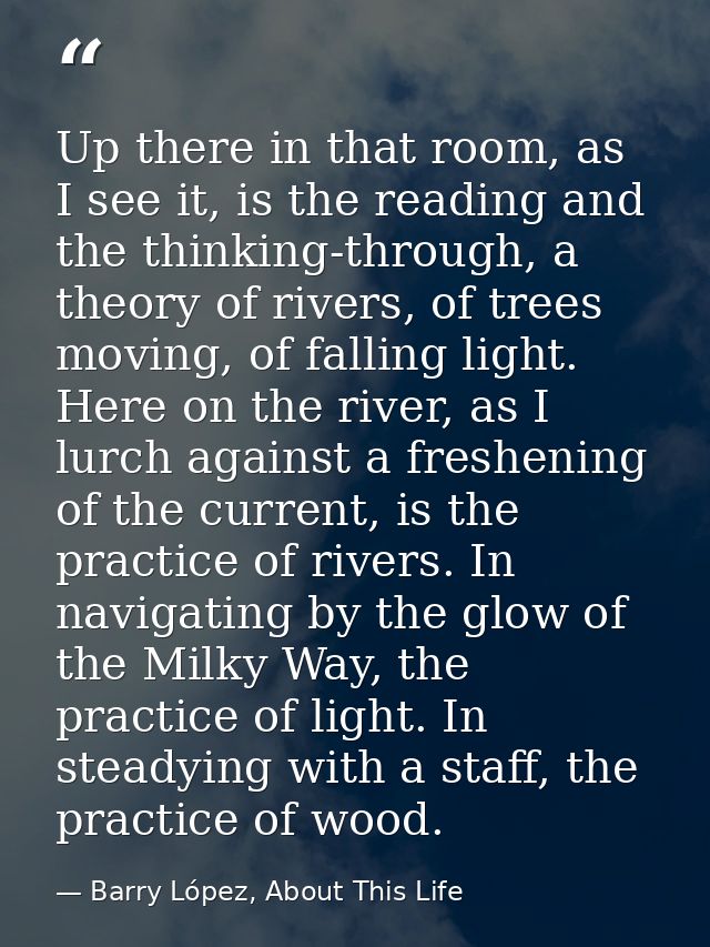 Up there in that room, as I see it, is the reading and the thinking-through, a theory of rivers, of trees moving, of fal — Barry López, About This Life