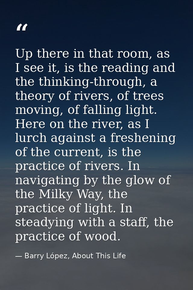 Up there in that room, as I see it, is the reading and the thinking-through, a theory of rivers, of trees moving, of fal — Barry López, About This Life