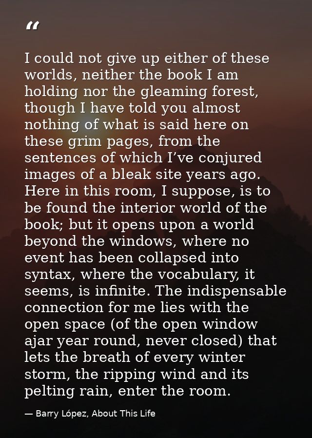 I could not give up either of these worlds, neither the book I am holding nor the gleaming forest, though I have told yo — Barry López, About This Life