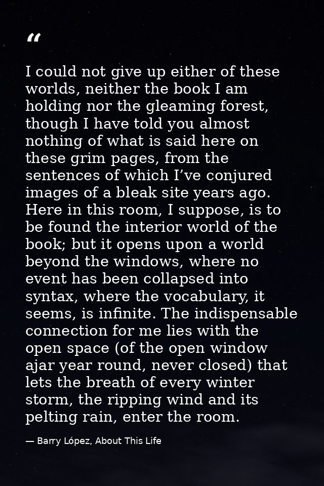 I could not give up either of these worlds, neither the book I am holding nor the gleaming forest, though I have told yo — Barry López, About This Life