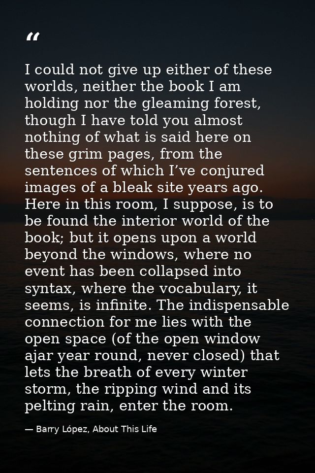 I could not give up either of these worlds, neither the book I am holding nor the gleaming forest, though I have told yo — Barry López, About This Life